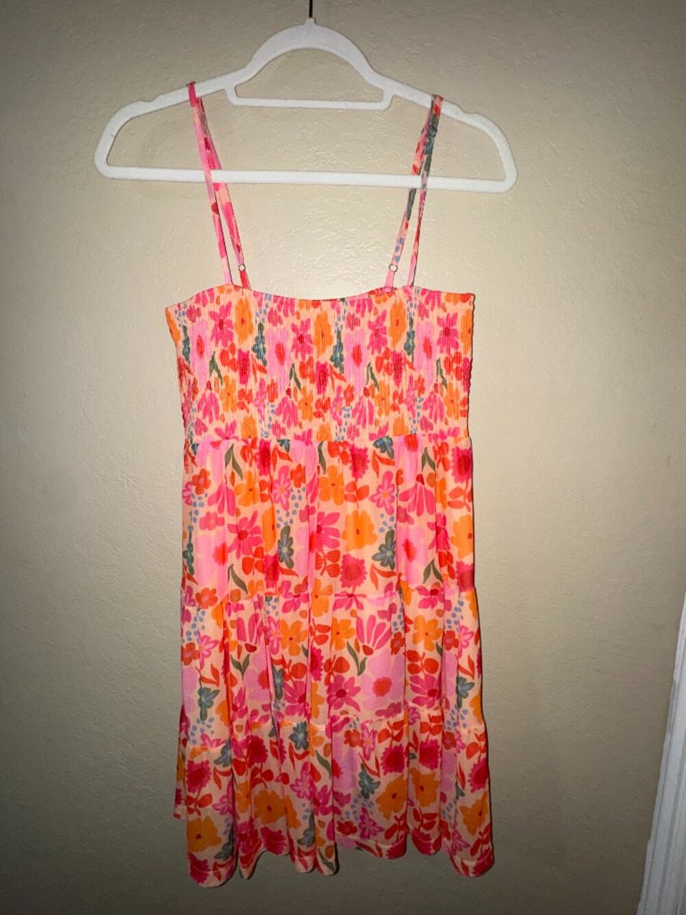 Pink Lily I Know A Place Orange And Pink Floral Smocked Mini Dress XS